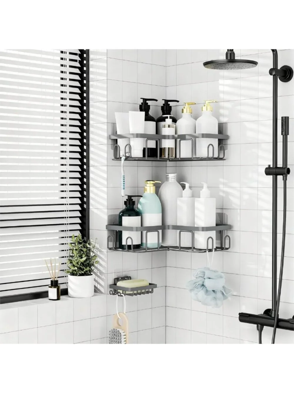 Stylish Corner Shower Caddy Organizer - Self-Adhesive Grey Bathroom Shelf